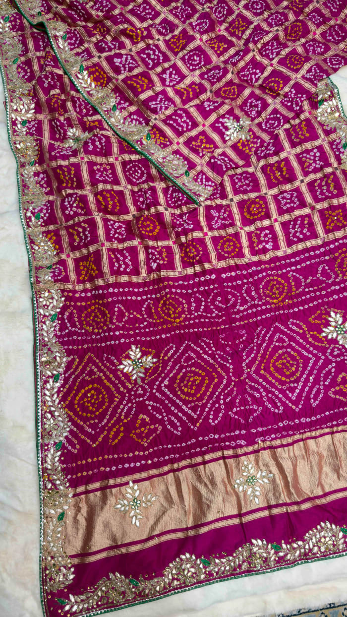 Luxury Modal Silk Fabric Saree with Meena Zari Border & Handcrafted Kundan Moti Zardozi Embroidery