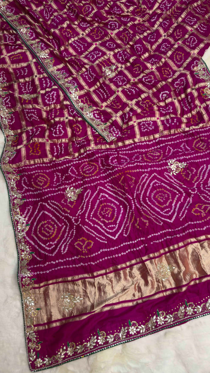 Luxury Modal Silk Fabric Saree with Meena Zari Lakdi Patta & Handcrafted Zardozi Kundan Moti Work