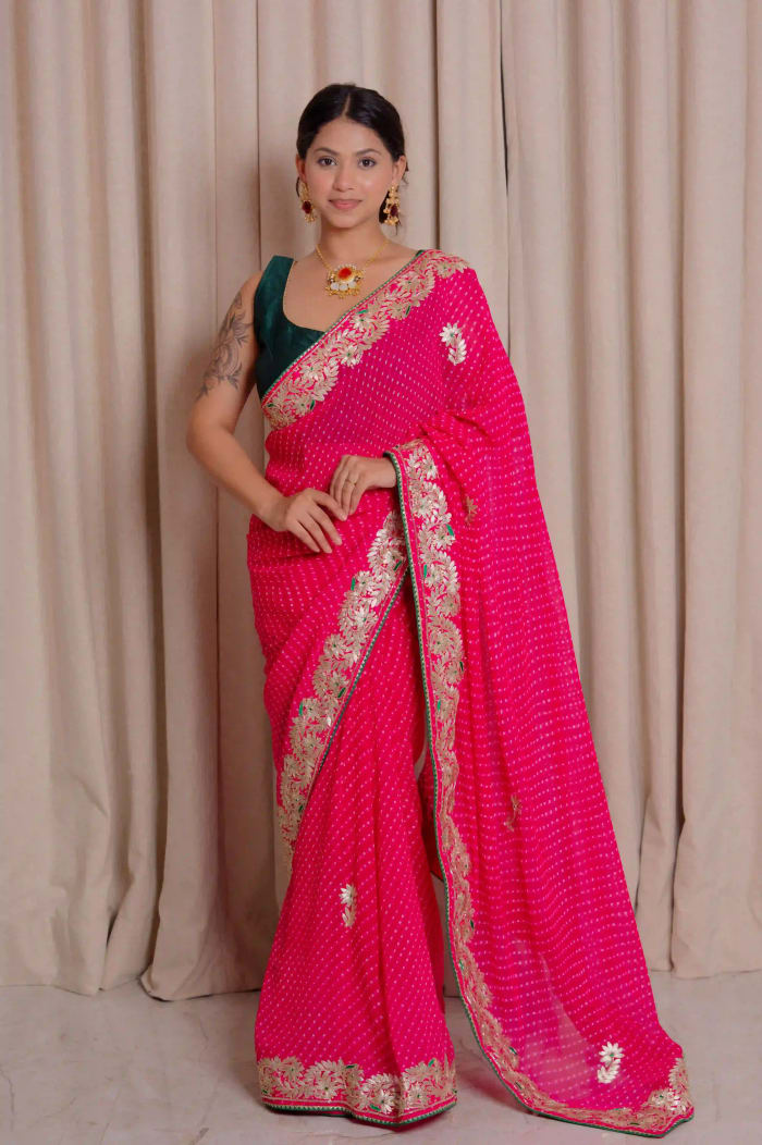 Premium Designer Motra Lehariya Saree in Fine Georgette Fabric with Kundan Patti Work – Trending Wedding & Festive Wear Saree