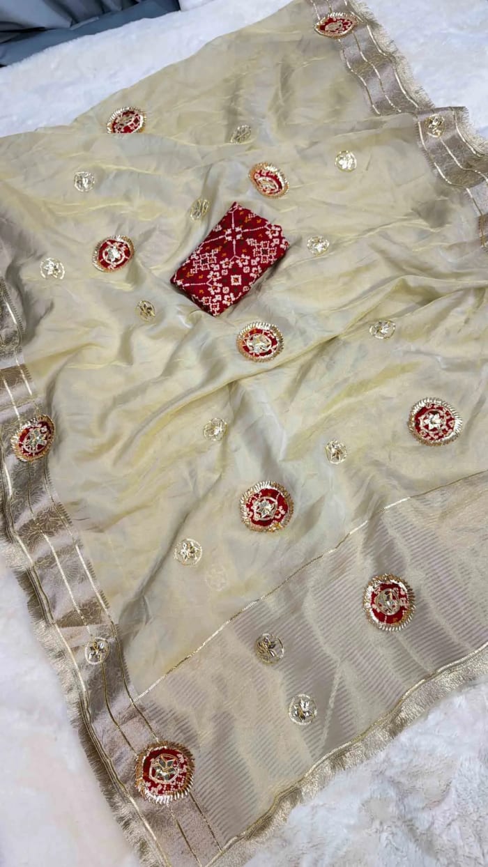 Elegant Tishu Organza Fabric Saree with Kacha Gota Embroidery & Premium Contrast Blouse