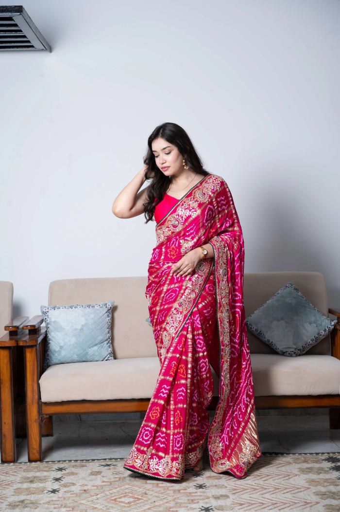 Pure Gaji Silk Fabric Saree with Zardosi Kundan Patti & Moti Work | Luxury Designer Saree