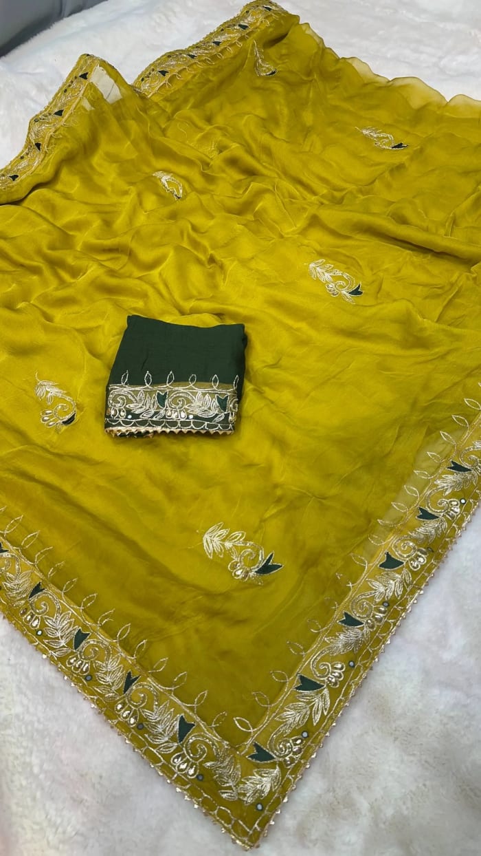Premium Pure Chiffon Fabric Designer Saree with Resham Aari & Zari Embroidery Work