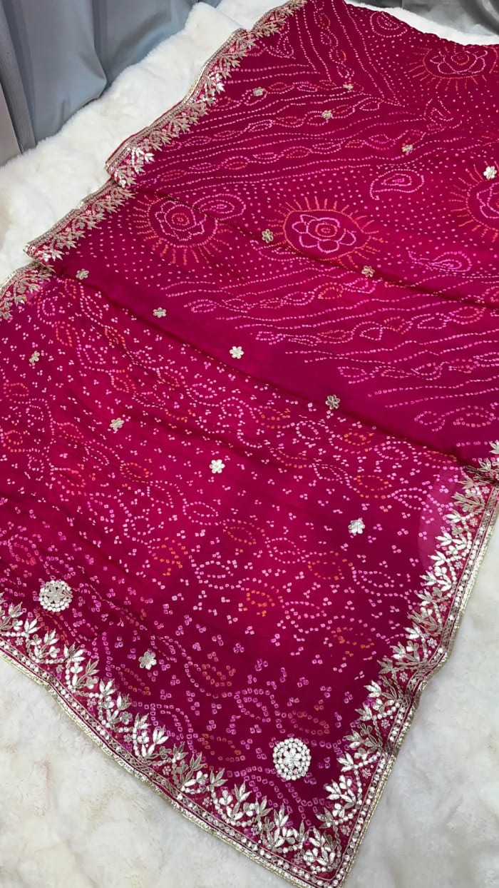Bandhej saree pure ojariya crepe fabric hand bandhej  zardozi moti zero Gotta patti work