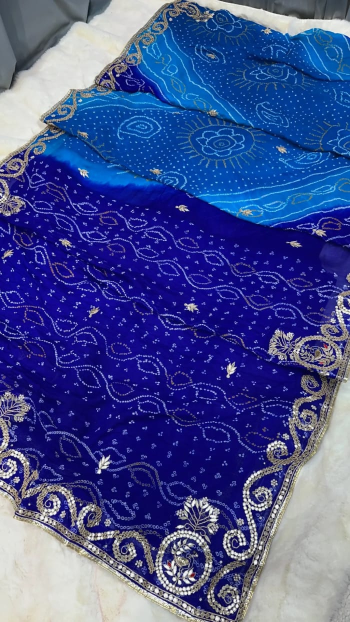 Handcrafted Pure Ojariya Crepe Fabric Bandhej Saree with Tie-Dye, Zardozi & Gotta Patti Embellishments