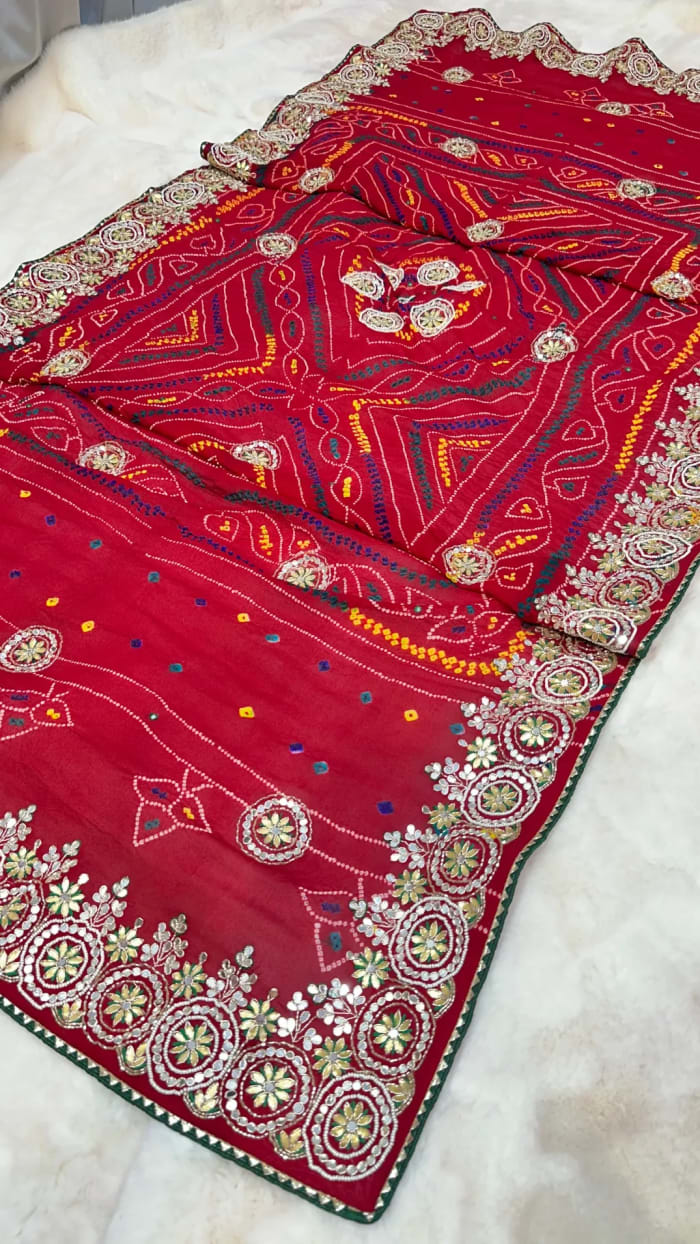 Hand Bandhej Chundri Dupatta in Pure Ojariya Crepe Fabric with Zardozi, Kundan & Moti Work