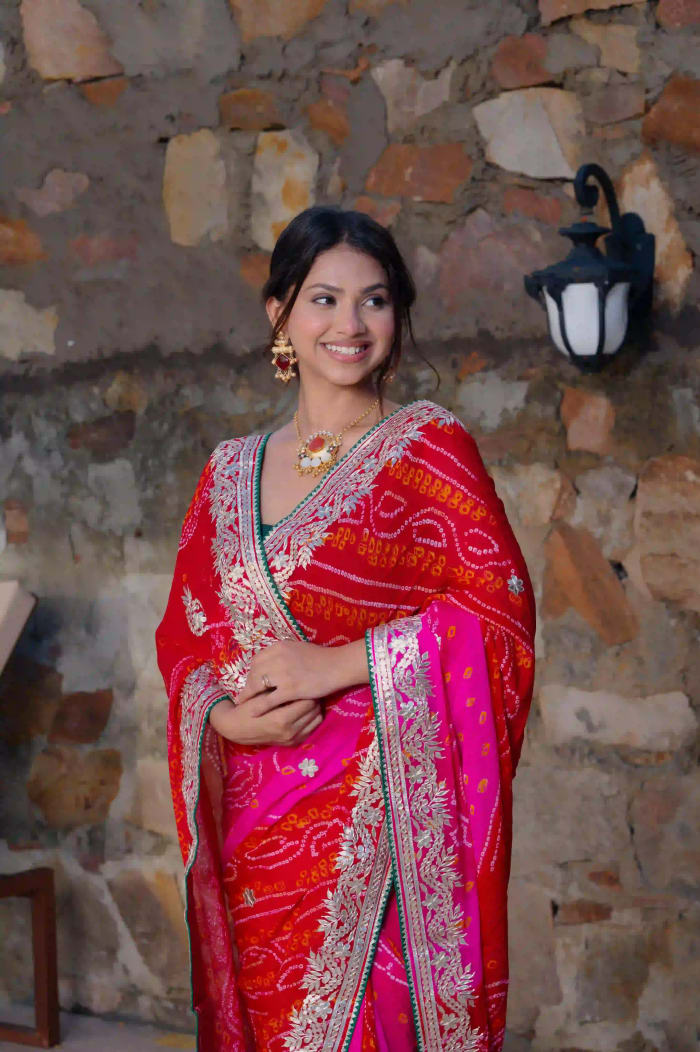 Handcrafted Pure Ojariya Fabric Saree with Elegant Gota Patti Embellishment
