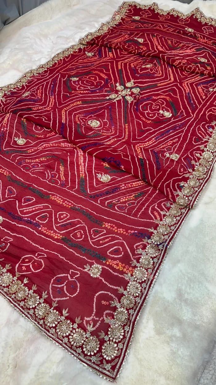 Designer Hand Bandhej Chundri Dupatta in Pure Ojariya Crepe Fabric with Zardozi, Kundan & Moti Detailing