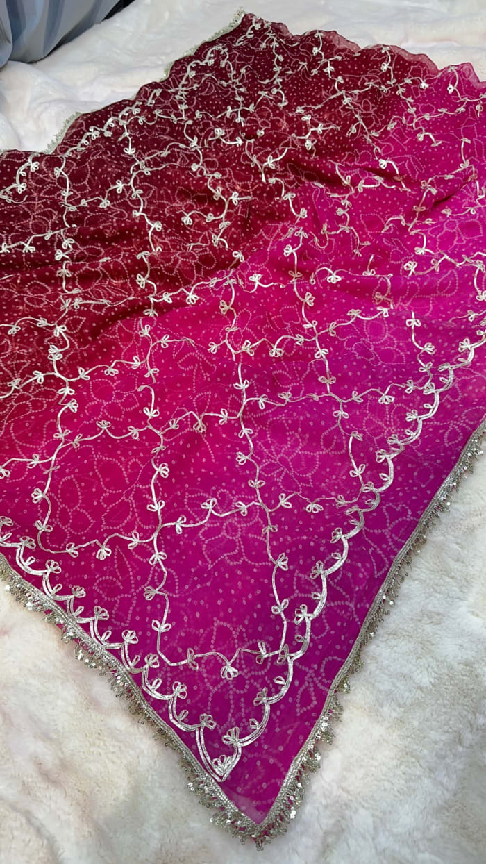 Trending Bandhej Saree in Fine Georgette Fabric with Kaccha Gotta Zaal Work