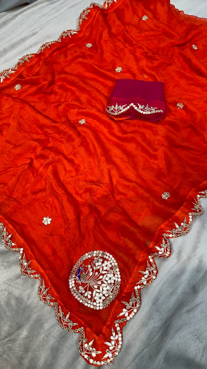 Designer Pure Chiffon Fabric Saree with Contrast Blouse & Zardozdi Kundan Gota Patti Work