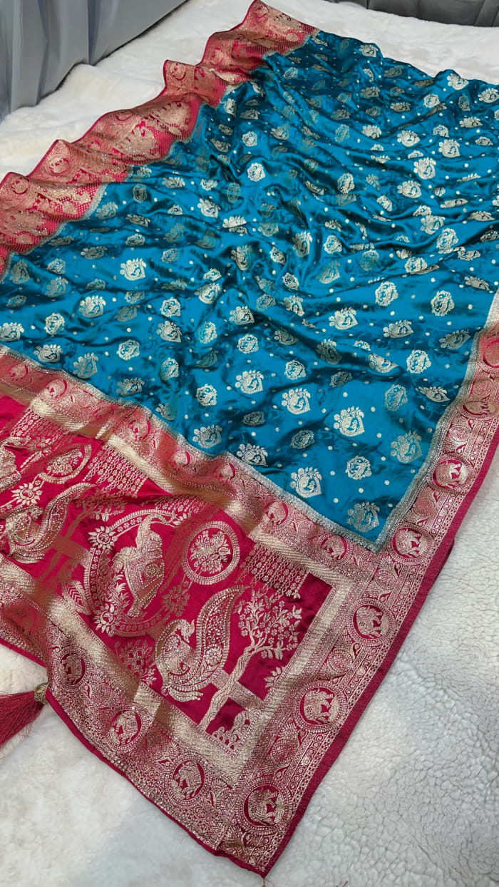 Designer Pure Banarasi Silk Saree with All-Over Zari Weaving & Diamond Stone Work