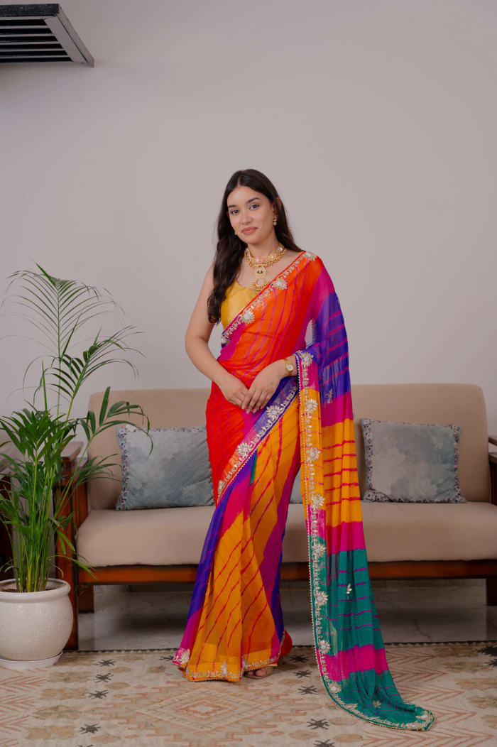 Chiffon Fabric Lehariya Saree with Zardosi Kundan and Moti Handwork
