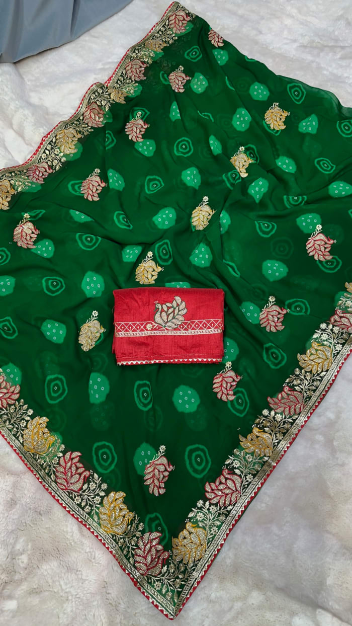 Trending Fancy Bandhej Georgette Saree with Resham Zari Embroidery & Diamond Stone Work – Designer Festive Wear