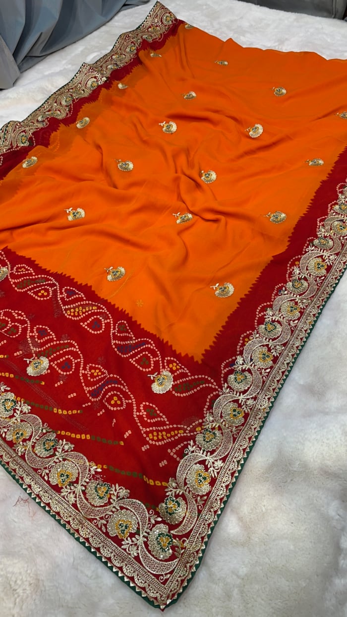 Traditional Pilla Saree in Georgette Fabric with Zari Embroidery & Diamond Stone Work – Elegant Ethnic Designer Saree