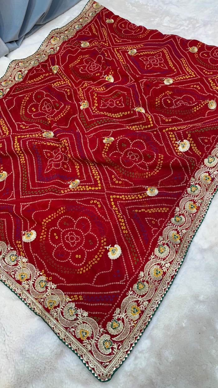 Traditional Chundri Bandhej Saree in Georgette Fabric with Zari Embroidery & Diamond Stone Work – Festive Designer Ethnic Saree