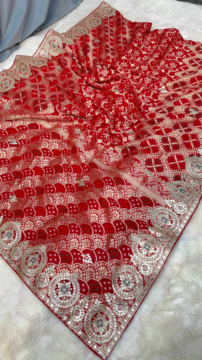 Luxury Banarasi Zari Khadi Bandhej Saree in Pure Dola Silk with Zero Gotta Patti Work – Traditional Designer Wedding & Festive Saree