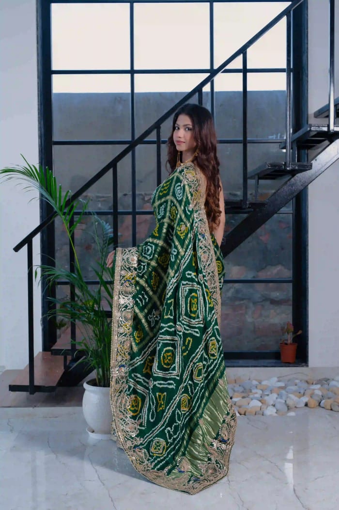Pure Gaji Silk Fabric Green Saree with Intricate Peacock Zero Gota Patti Work