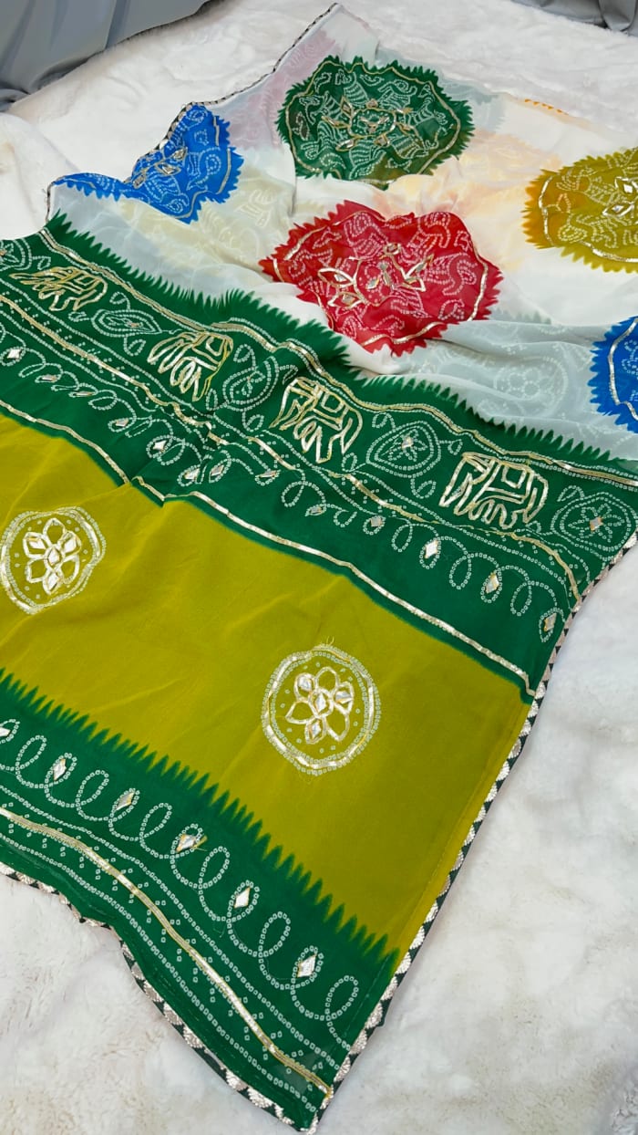 Trending Falguni Bandhej Saree in Georgette Fabric Fabric with Kaccha Gotta Line Work – Festive Rajasthani Designer Saree