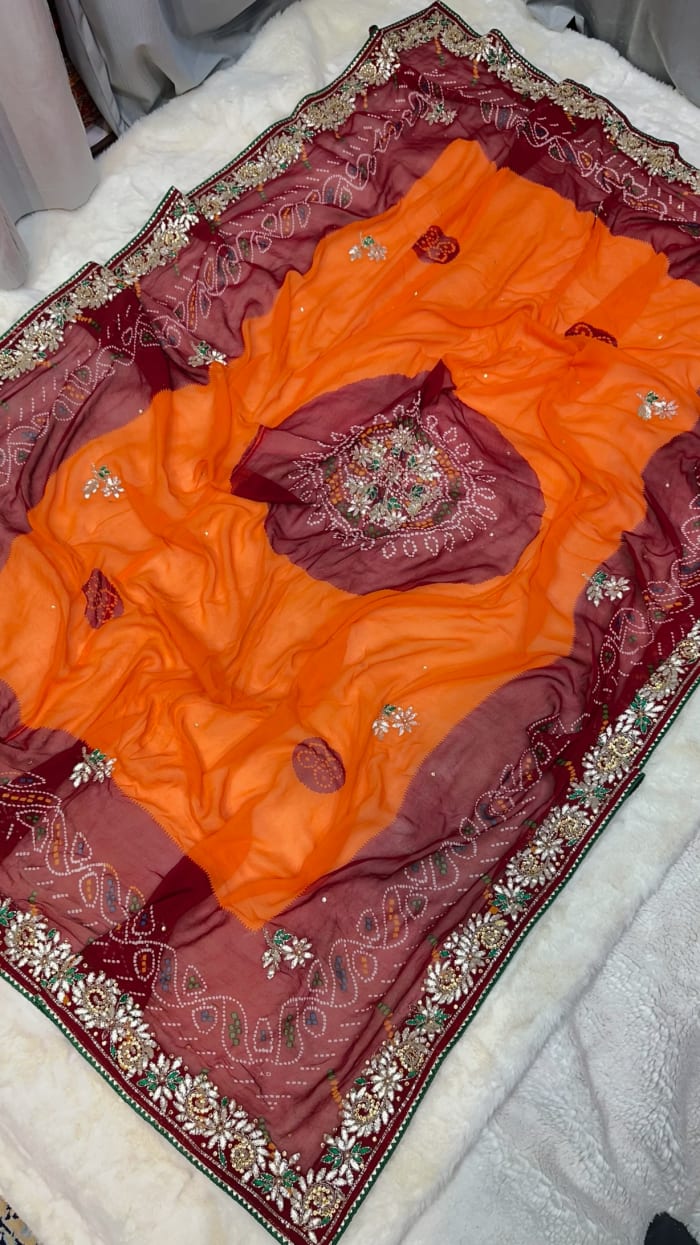 Royal Traditional Orange Pilla Odhna in Viscose Georgette Fabric with Zardozi & Kundan Patti Handwork