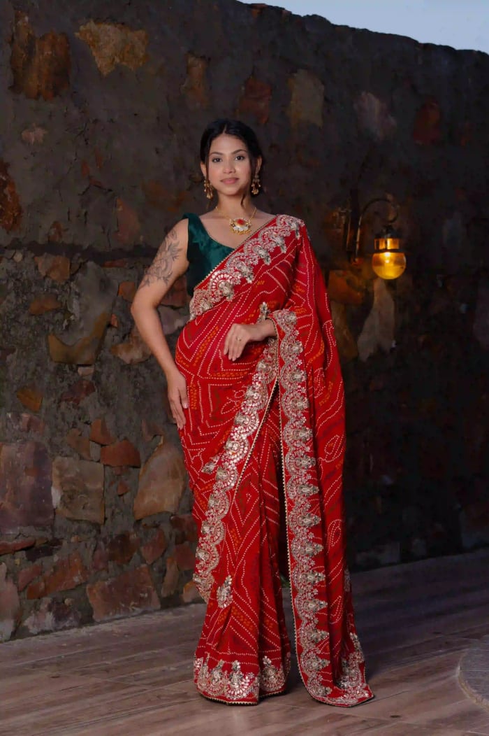 Georgette Chunri Fabric Saree with Handcrafted Zardosi Kundan Patti Work