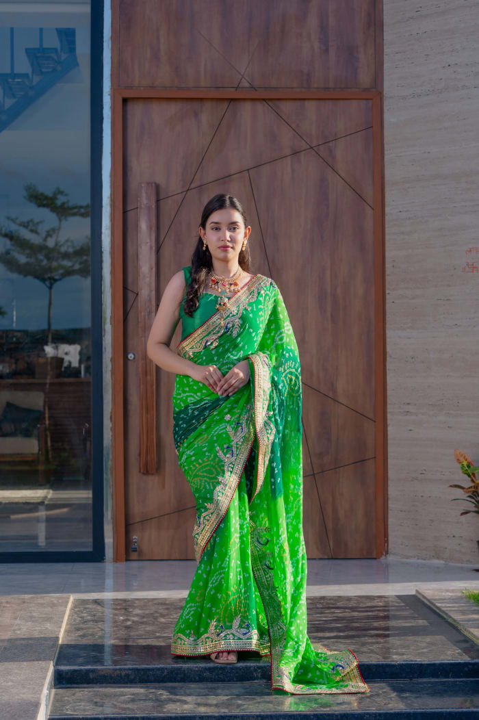 Pure Ojariya Fabric Saree with Peacock-Inspired Zero Gota Patti Handwork