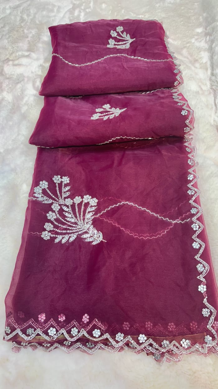 Designer Fanta Organza Fabric Saree with Diamond Stone, Pipe & Moti Work – Premium Party Wear Organza Saree for Wedding & Festive Look