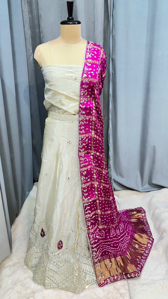 Designer Crepe Silk Fabric Lehenga Chunni Set with Handmade Kundan Moti Diamond Stone Patti Work – Bridal Wedding & Festive Wear