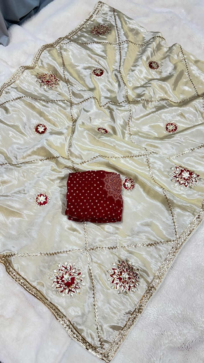 Designer Crepe Silk Fabric Saree with Real Kacha Gotta Patti Work – Traditional Rajasthani Wedding & Festive Wear Saree