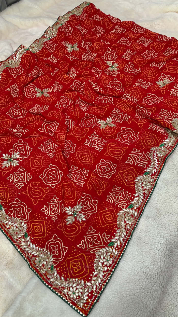 Fancy Chundri Bandhej Georgette Fabric Saree with Zardozi Kundan Patti Work – Designer Festive & Wedding Wear Saree