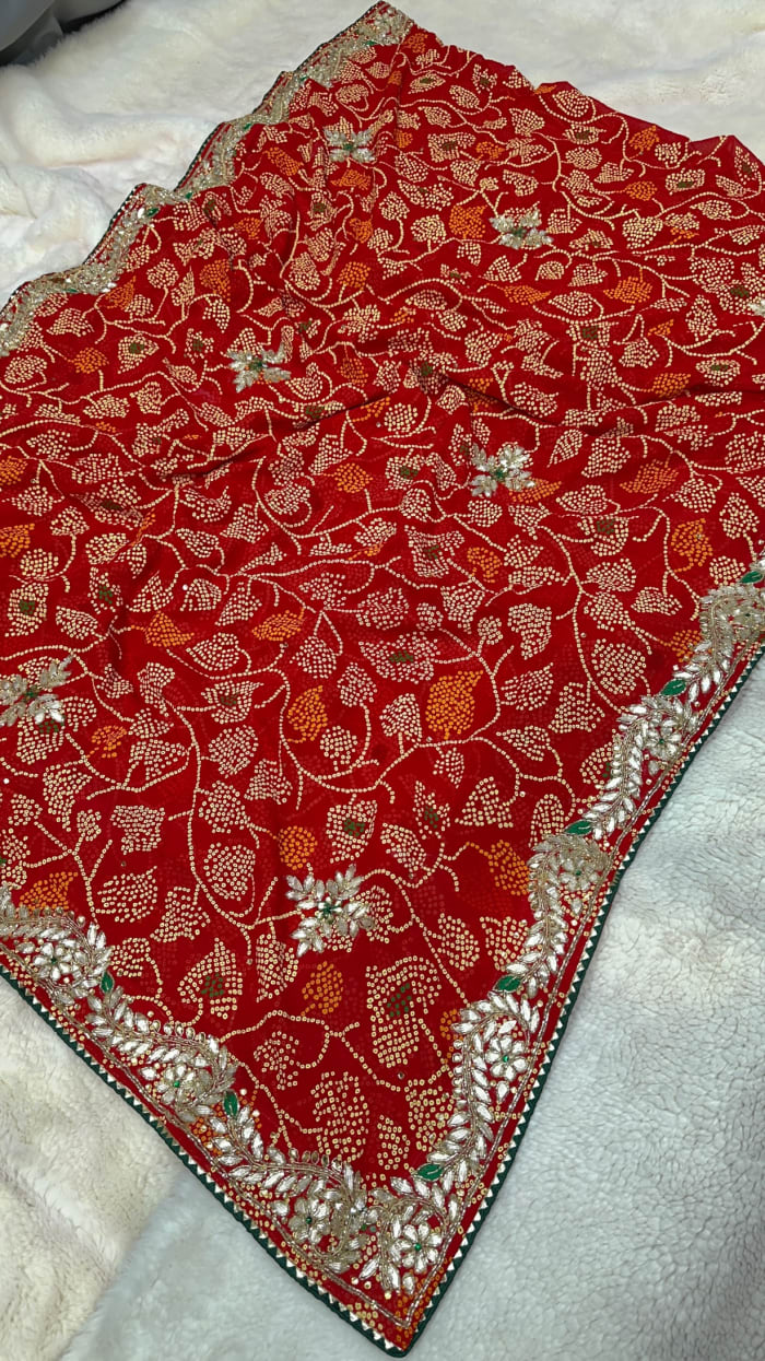 Fancy Chundri Bandhej Georgette Saree with Zardozi Kundan Patti Work – Designer Festive & Wedding Wear Saree