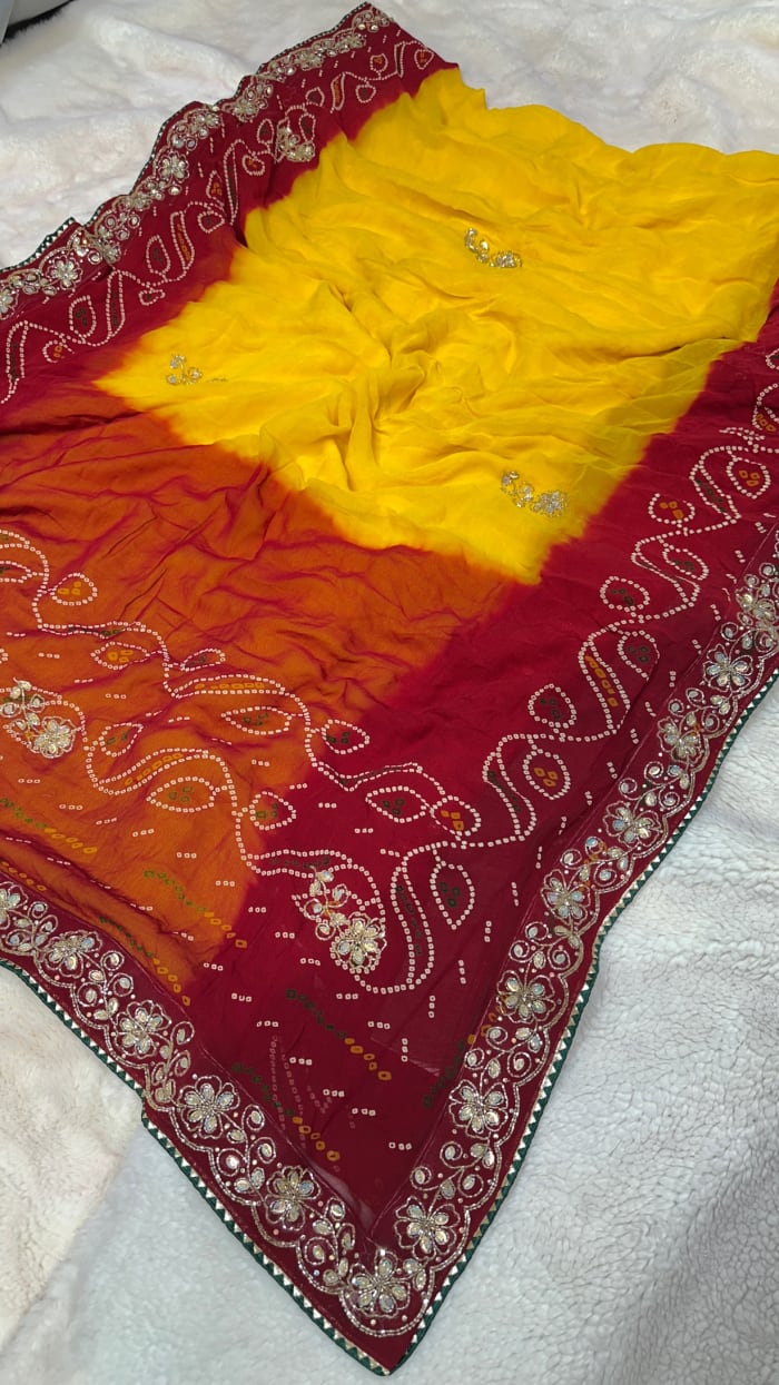 Lemon Pilla Designer Saree in Pure Viscose Georgette Fabric with Kundan Patti & Moti Work – Festive Party Wear Saree