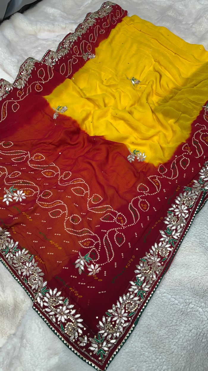 Lemon Pilla Designer Saree in Pure Viscose Georgette Fabric with Kundan Patti & Moti Work – Trending Festive & Wedding Wear Saree