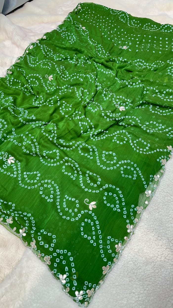Handmade Bandhej Chiffon Fabric Saree with Kundan Patti & Moti Work – Designer Rajasthani Tie-Dye Festive Wear Saree