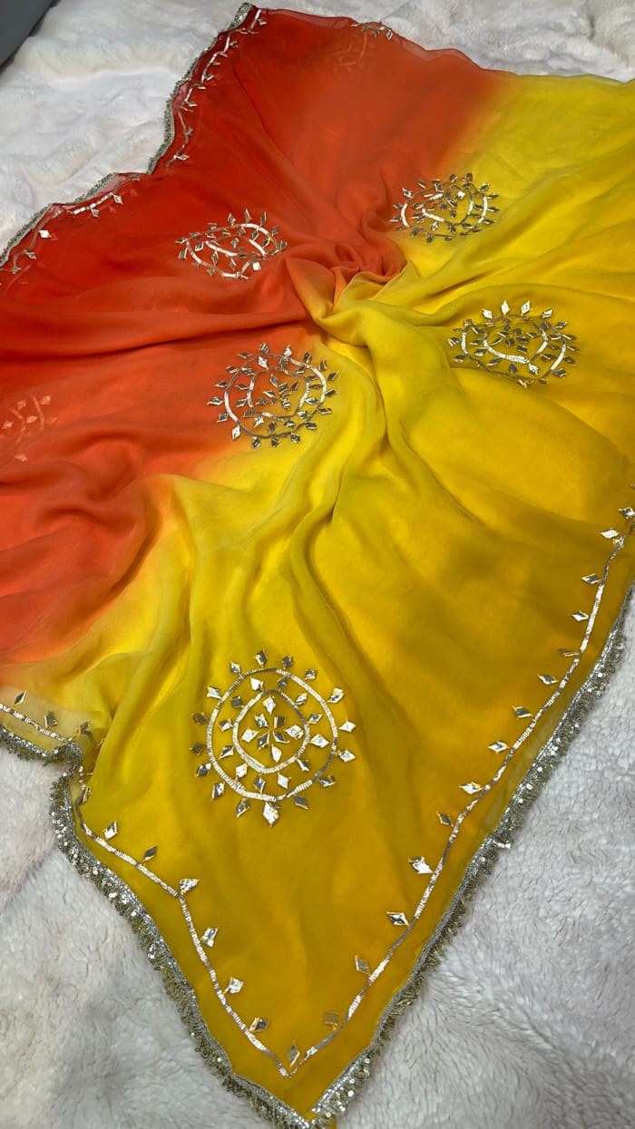 Designer Shaded Georgette Fabric Saree with Kaccha Gotta Patti Work & Trending Border – Festive Party Wear Ethnic Saree