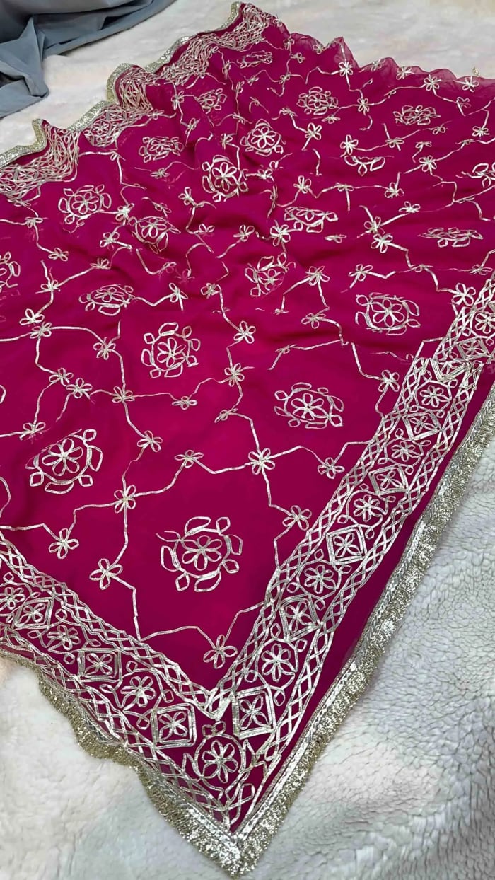 Designer Chinon Chiffon Fabric Saree with Kaccha Gotta Jaal Work & Trending Border – Elegant Festive & Wedding Wear Saree