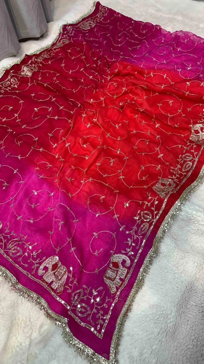 Designer Chinon Chiffon Fabric Saree with Resham Zari Sequins Work – Trending Box Dye Colour Party Wear Saree with Elegant Zaal & Border Design