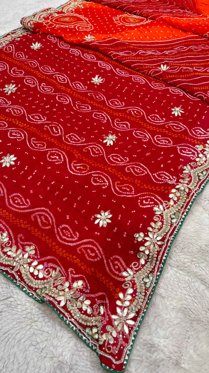 Handcrafted Pure Ojariya Fabric Saree with Kundan Zardosi Patti and Moti Embellishments