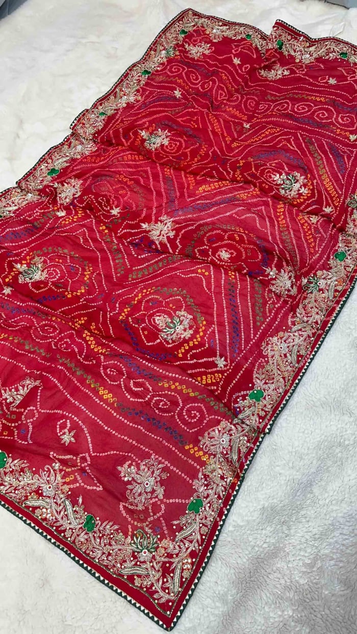 Designer Chundri Dupatta in Pure Ojariya Crepe Fabric with Hand Bandhej, Zardozi, Kundan & Moti Patti Work – Luxury Ethnic Wear Dupatta