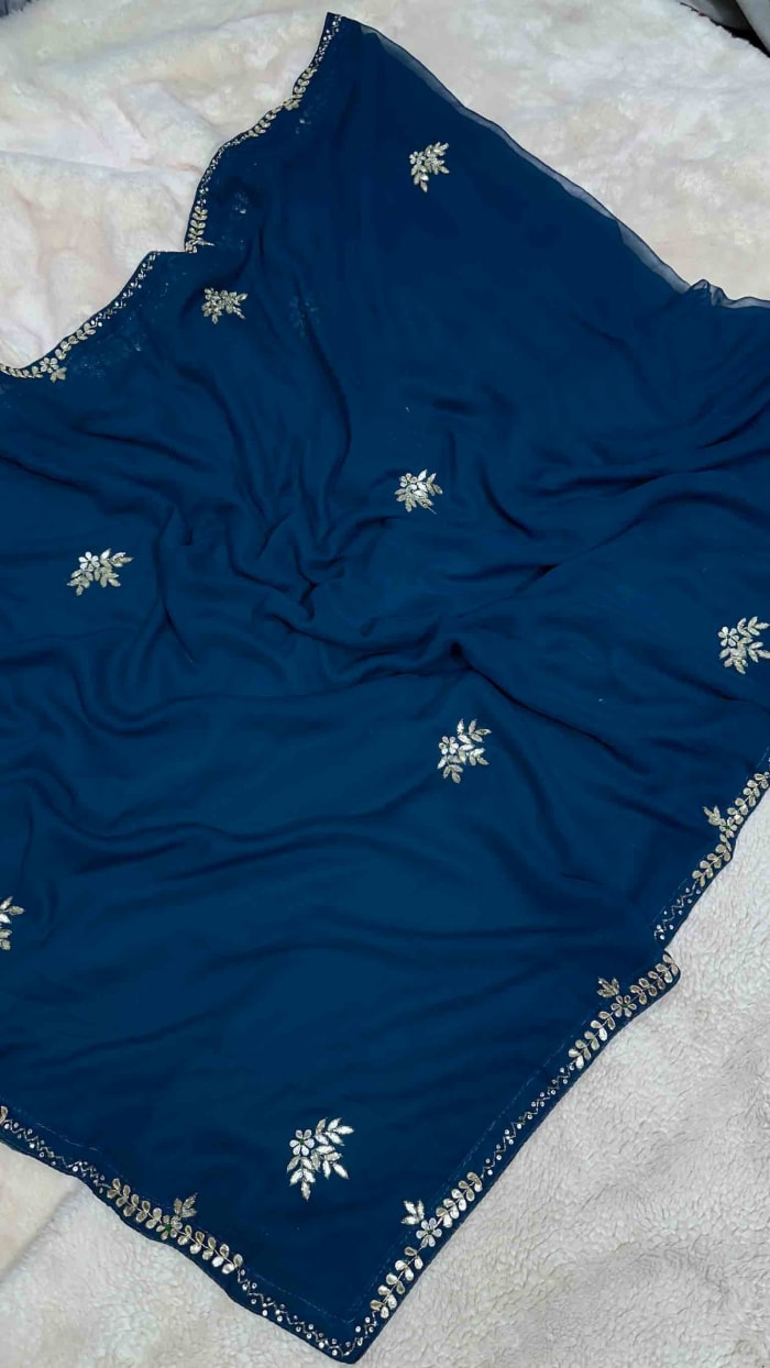 Handmade Zardozi Kundan Patti Work Saree in Georgette Fabric