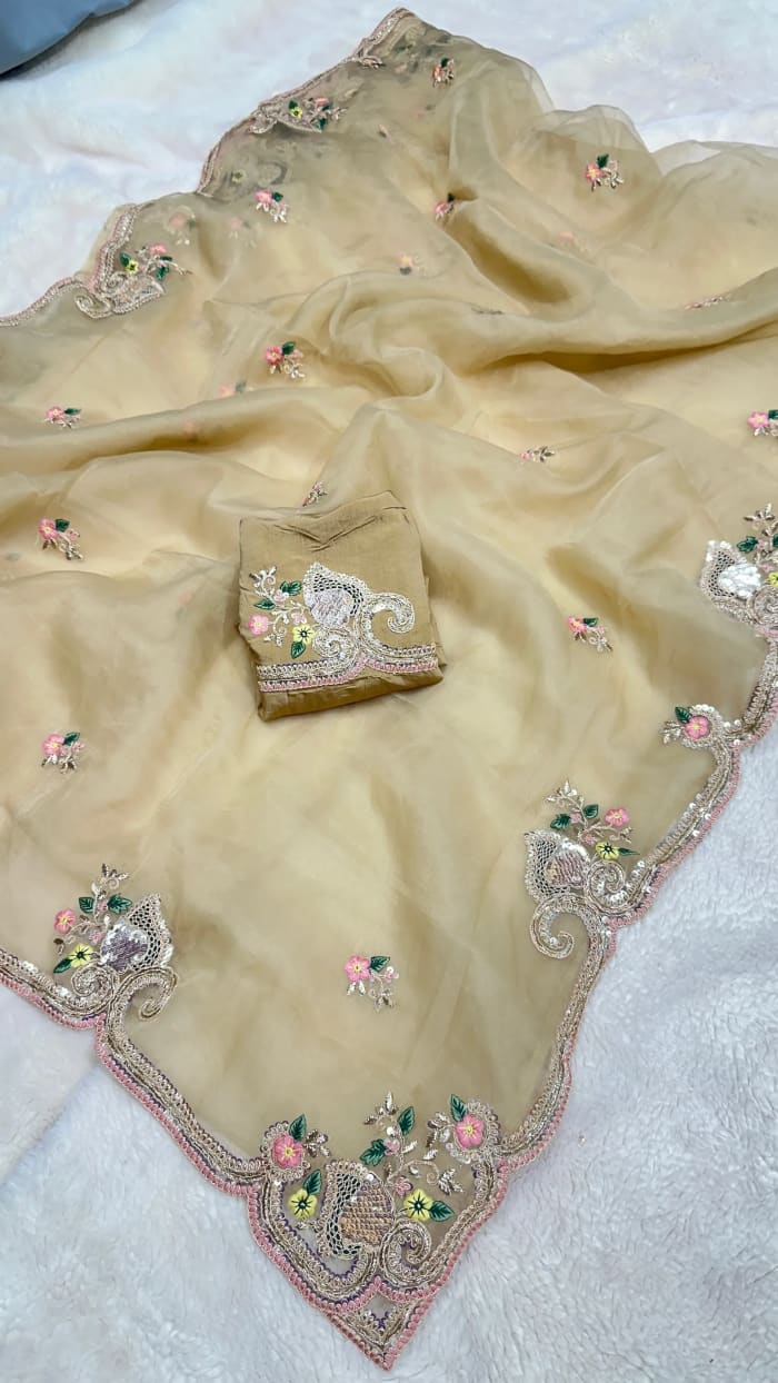 Designer Rush Georgette Fabric Saree with Zari Embroidery Sequins Work – Trending Party Wear & Wedding Saree