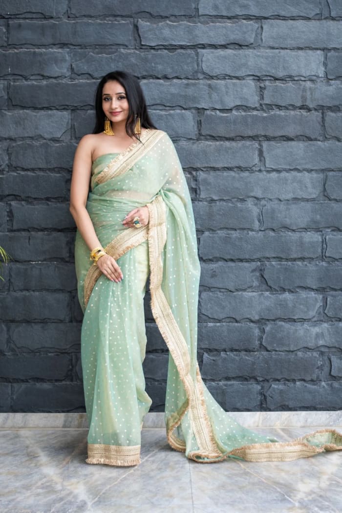 Designer Simmer Moss Crepe Fabric Saree with Weaving Zari Butti & Sabyasachi Border