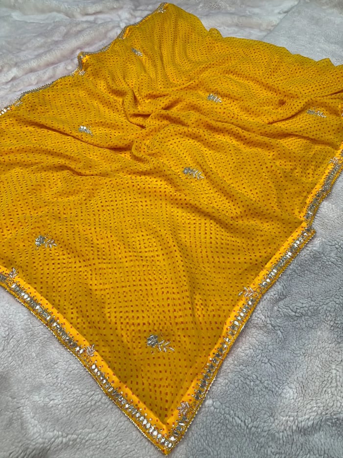 Motra Lehriya Saree in Georgette Fabric with Diamond Stone Patti and Moti Work