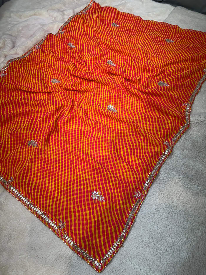 Lehriya Saree in Georgette Fabric with Diamond Stone Patti and Moti Work