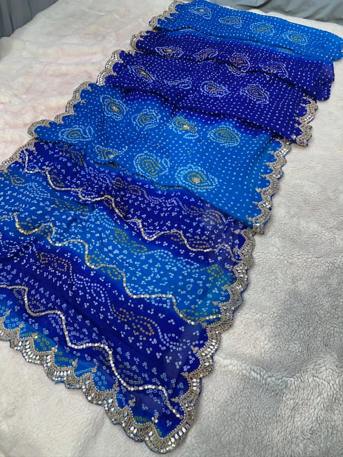 Hand Bandhej Pure Ojariya Saree with Zardozi Zero Gotta Patti Kundan Moti Work in Ojariya Crepe Fabric