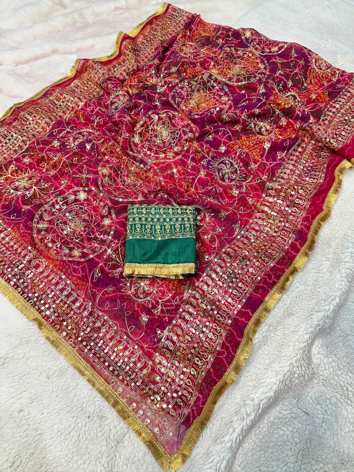 Chundri Saree in Chiffon Fabric with Rajputi Resham Aari Zari Work