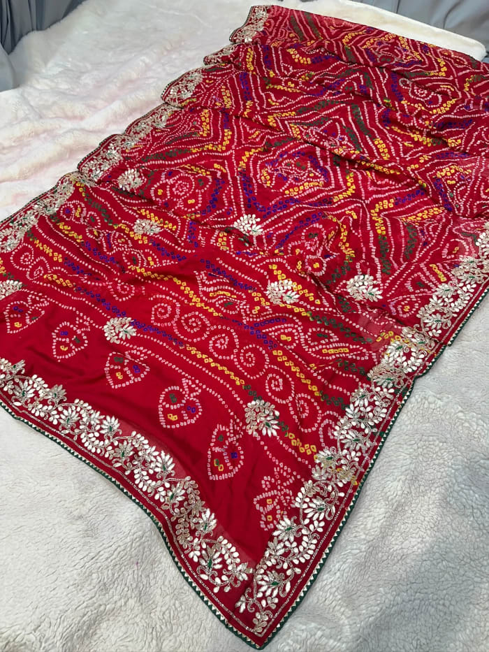 Hand Bandhej Chundri Dupatta with Zardozi Kundan Patti Work in Ojariya Crepe Fabric