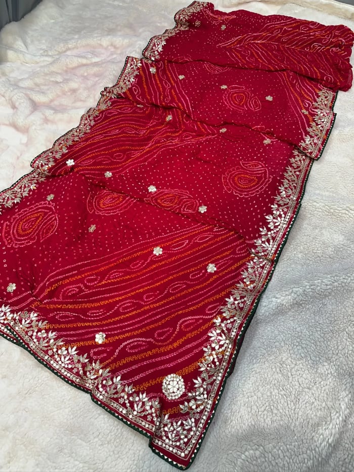Hand Bandhej Saree in Pure Ojariya Crepe Fabric with Zardozi Moti Gotta Patti Work