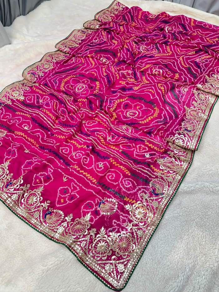 Hand Bandhej Chundri Dupatta with Zardozi Moti Zero Gotta Patti Resham Work in Pure Ojariya Crepe Fabric
