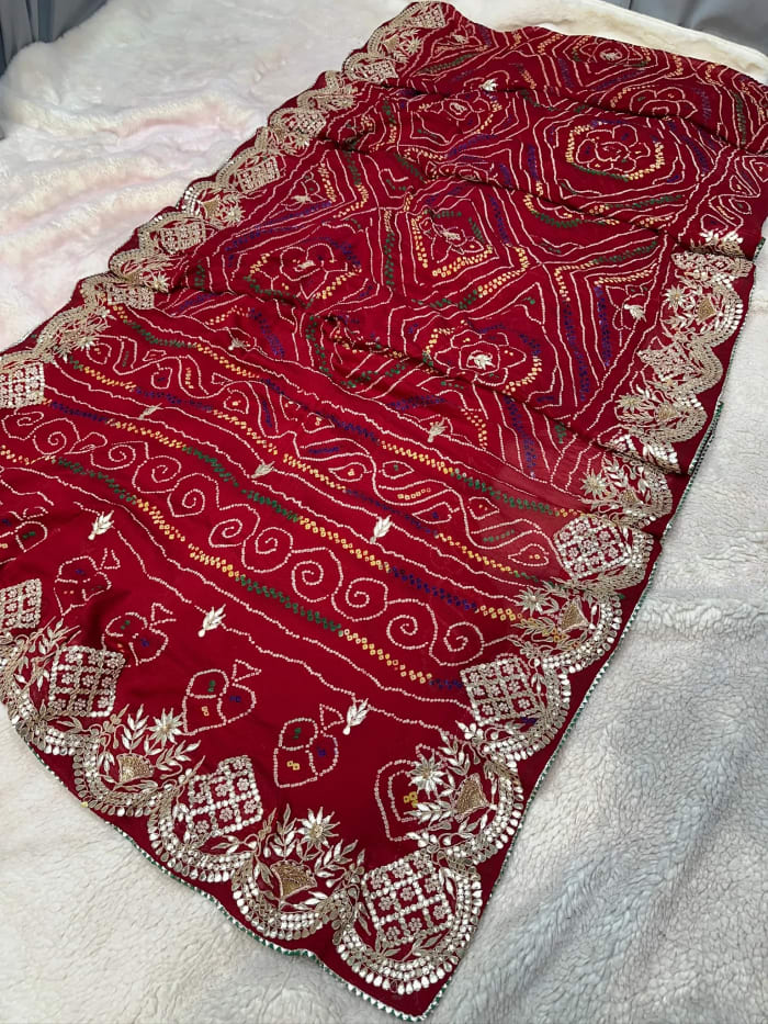 Hand Bandhej Chundri Dupatta with Zardozi Moti Zero Gotta Patti Resham Work in Pure Ojariya Crepe Fabric