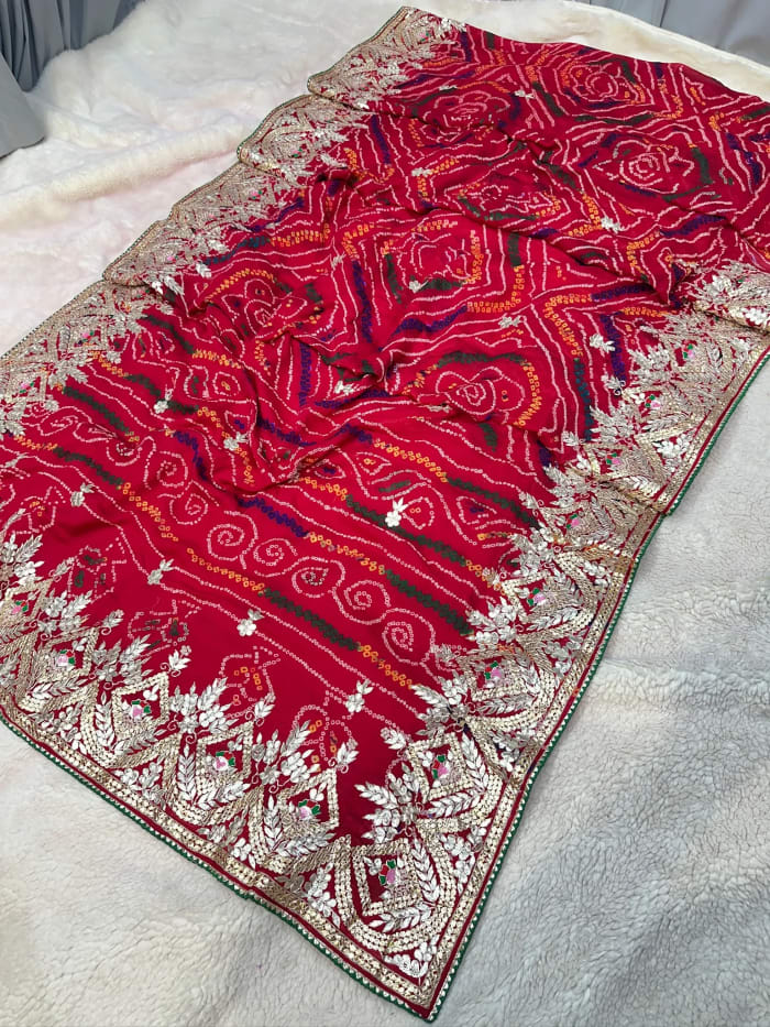 Hand Bandhej Chundri Dupatta with Zardozi Moti Zero Gotta Patti Resham Work in Pure Ojariya Crepe Fabric