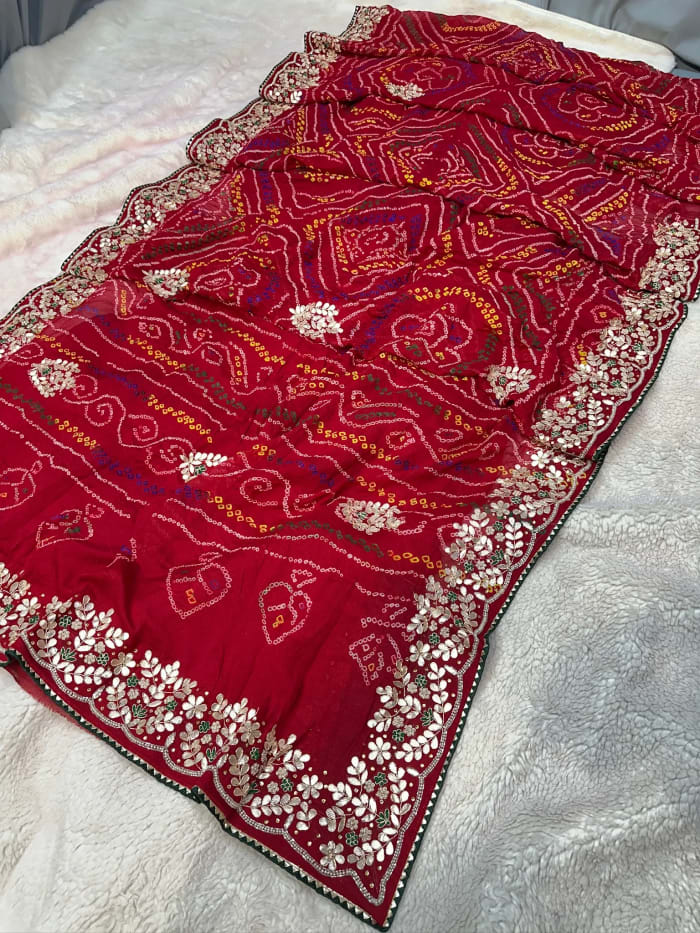 Hand Bandhej Chundri Dupatta with Zardozi Kundan Moti Patti Work in Ojariya Crepe Fabric